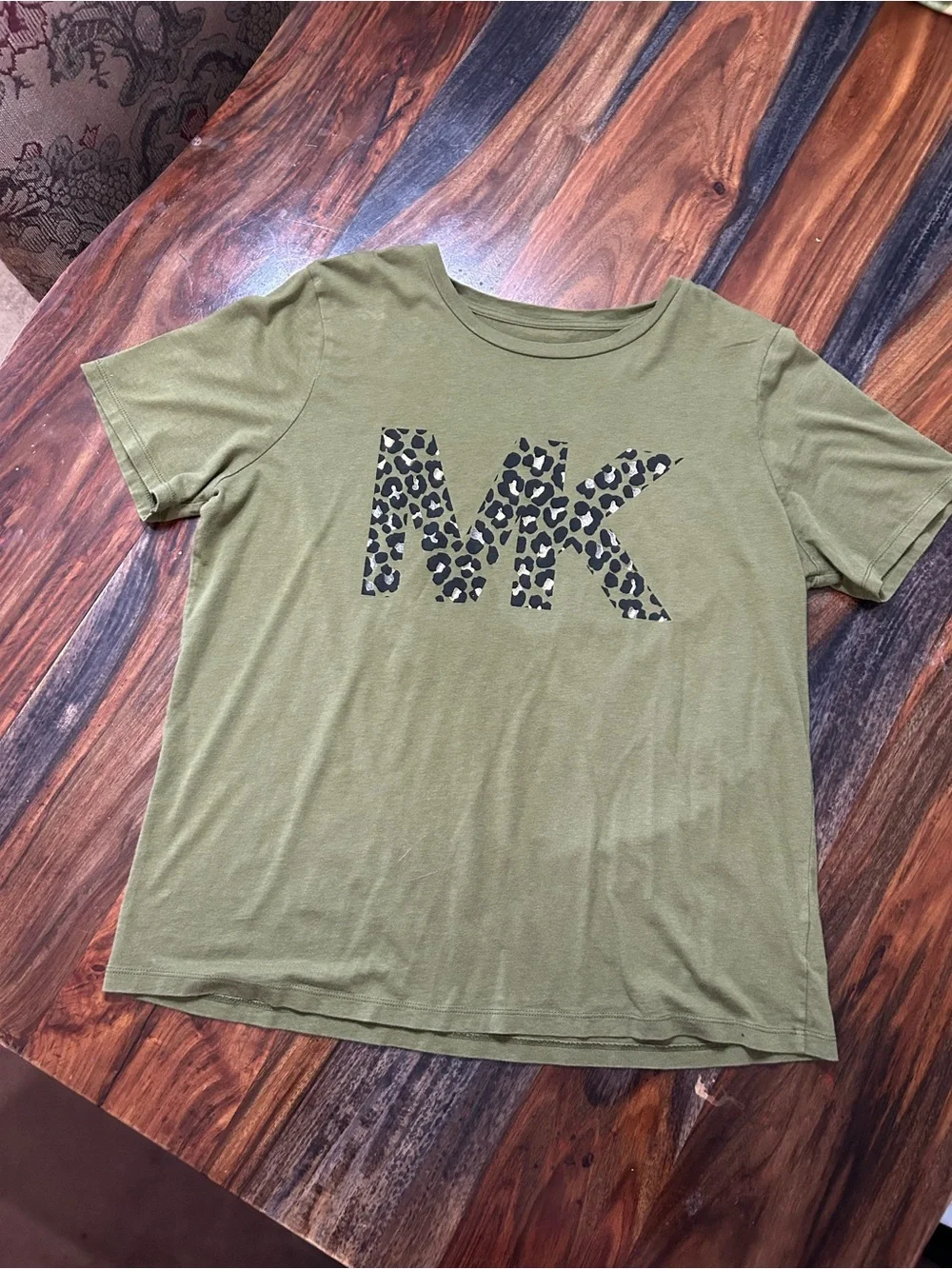 Michael Kors Olive Green Tee with Leopard MK Logo